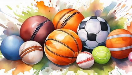 Watercolor Sports balls Hand drawn colorful clipart