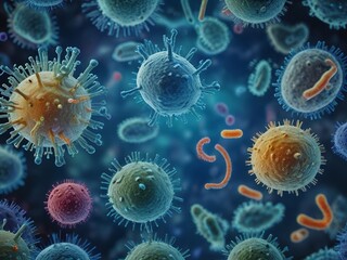 Close-up of viral cells and bacteria. Viral infection. Generative AI