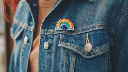 Rainbow pin on denim jacket lapel