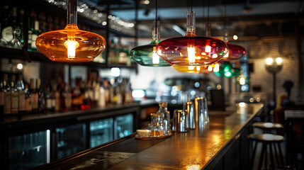 Under-view of an Italian glass lamp at a bar, focusing on how it colors and diffuses light onto the counter.