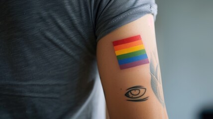 Person with rainbow flag and eye tattoos on arm