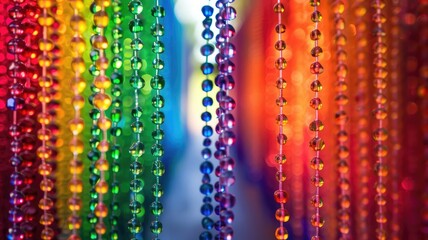 Colorful bead curtains against blurred multicolored background with soft focus
