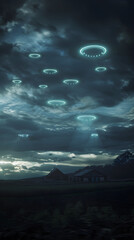 Enigmatic Encounter: UFOs Emerged from the Clouded Night Sky over Rural Landscape