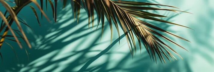A sharp shadow of a palm leaf contrasts with the vibrant teal wall behind, embodying tropical and serene vibes