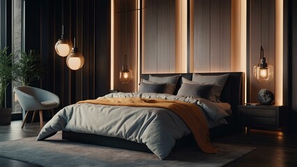 Contemporary bedroom with wooden paneling and bed. Generative AI