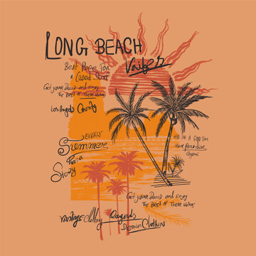 Summer hand drawn print, sunset or sunrise tropical palm beach, long beach slogan text print , Summer vintage graphic print design. Beach vibes with board print design. Hand sketch beach vector design