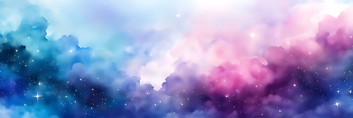 Watercolor sky with clouds and stars, dreamy, soft blue purple and pink color background , banner	