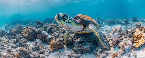 A sea turtle entangled in a variety of plastic waste, including straws and grocery bags, on a coral reef