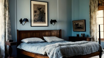 A cozy rustic wooden bed adorned with blue pillows, softly illuminated by warm sunlight filtering through lace curtains