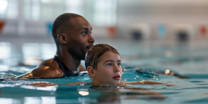 An instructor provides one-on-one swimming guidance to a child in a pool, emphasizing safety and personal attention
