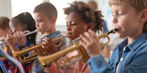 Children with blurred faces play trumpets in a school band environment