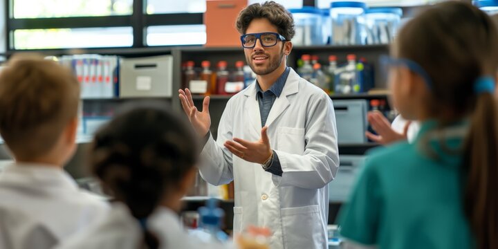 An enthusiastic male teacher in lab coat educating a group of young students in a science class Lab bottles in the background
