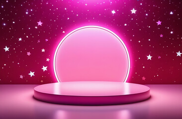 Round pink stands for product presentations against a background of bright stars. A stylish background for your advertisement. Beautiful empty makeup stand on neon background