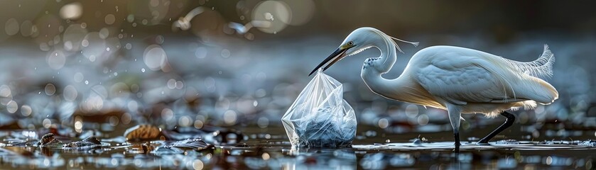 An egret with a plastic sandwich bag wrapped around its bill, making it difficult to hunt for fish in a wetland