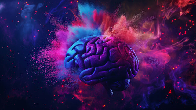 Human brain explodes with splashes of colorful particles. Represents creativity, innovation, imagination, and ideas for art and knowledge	
