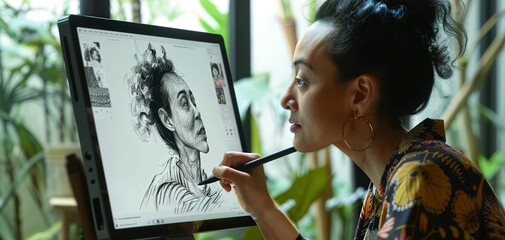 designer drawing sketching, A digital artist creating design on computer,