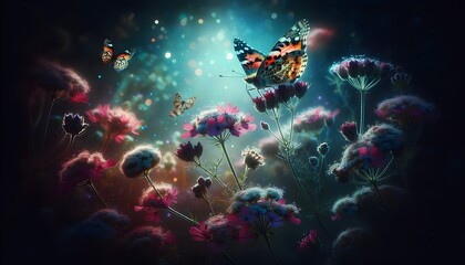 Obraz premium Fractal Flower, Fractal Background, Moody Colorful Wildflower With Dark Background