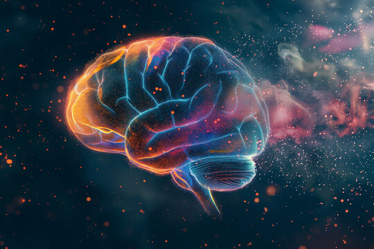 Human brain explodes with splashes of colorful particles. Represents creativity, innovation, imagination, and ideas for art and knowledge	
