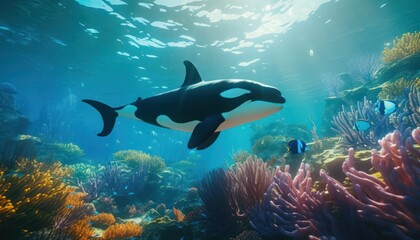 Fototapeta premium The Orcinus Orca in the ocean, portrait of Orca hunting prey in the underwater