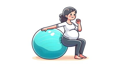 Pregnant Woman Exercising with Blue Stability Ball, Relaxing During Prenatal Workout, Wearing Comfortable Maternity Clothing, Isolated on White Background
