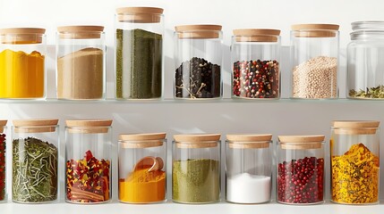 A set of clear glass storage containers filled with colorful spices, organized neatly on a white...
