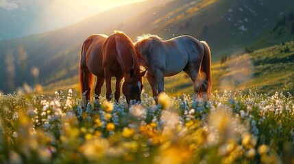 Horses couple graze on mountains flowers