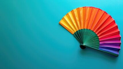 Colorful folding fan displayed on blue background