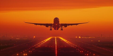 A commercial airplane taking off from the runway with a beautiful sunset illuminating the sky, marking the start of a journey