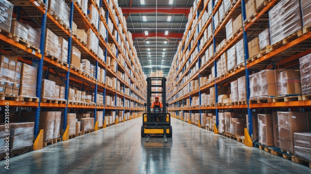 Poster smart warehouse worker or operator driving forklift and lifted product surrounded with box at storag