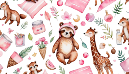 pink squirrel giraffe nursery animals watercolor sleeping girls sloth baby animal childcare center girl sky star cloud night sleep cute decor bedchamber poster print shower invitation birthday