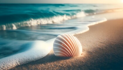 Obraz premium Close-up of Seashell in Sand with Ocean Waves. Summer background 