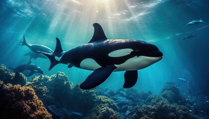 Obraz premium The Orcinus Orca in the ocean, portrait of Orca hunting prey in the underwater