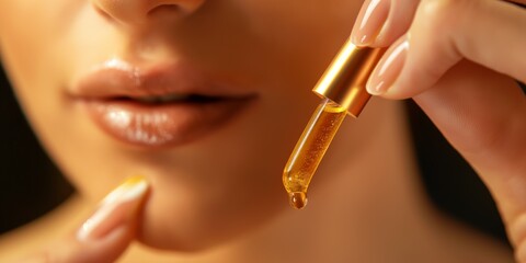A macro shot portraying a woman applying golden beauty oil onto her lips using a dropper for precision