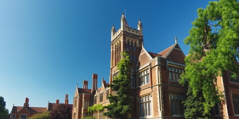 Naklejka premium A traditional university building with Gothic architectural elements stands under a clear blue sky