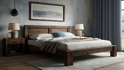 A rustic wooden bed, its weathered frame telling tales of time