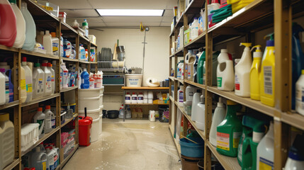 Fototapeta premium Showcase of Cleaning Tools and Supplies for Maintenance
