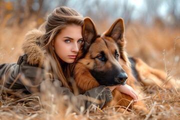 German shepherd with its owner girl is resting lifestyle AI Generative