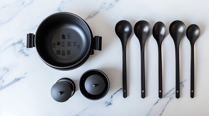 A set of sleek black measuring cups and spoons arranged neatly on a white marble countertop, essential for precise cooking.