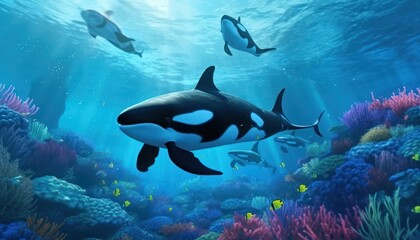 The Orcinus Orca in the ocean, portrait of Orca hunting prey in the underwater