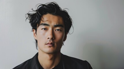 Asian man posing against white backdrop