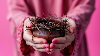 Close up image of feminine hands holding a crown of thorns and cup on a colored background depicting the concept of Good Friday