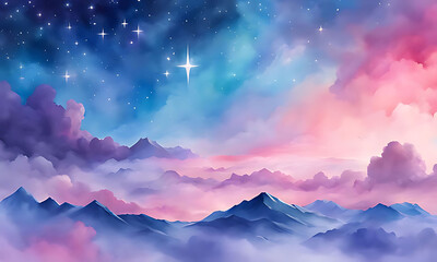 Watercolor sky with clouds and stars, dreamy, soft blue purple and pink color background , banner	