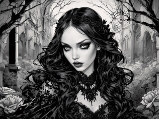 Black and White Illustration Portrait of a Gothic Woman Dressed in Black, AI Generative