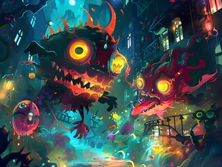 Vibrant Cartoon Creatures Immersed in Dark Fantasy World with Chiaroscuro Lighting and Manga Inspired