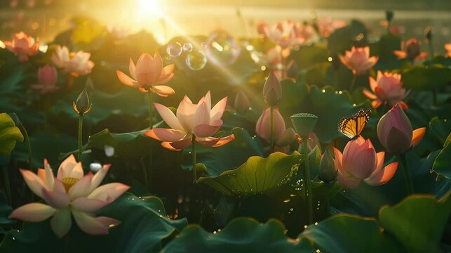beautiful and fresh lotus flowers in the morning exposed to sunlight. seamless looping time-lapse virtual 4K video Animation Background.
