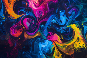 Vibrant neon abstract art with colorful swirling patterns. A mesmerizing display on black background.