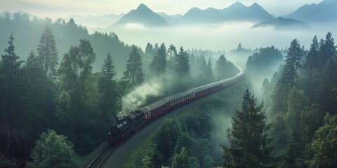 An old-fashioned steam train travels along railroad tracks amidst a mystical foggy forest landscape - Powered by Adobe