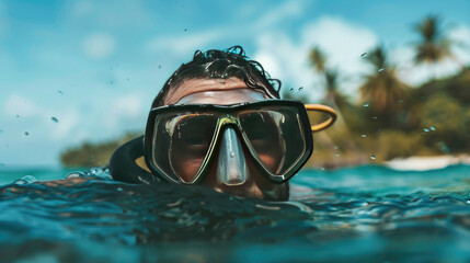 Man Wearing Scuba Diving Mask Exploring Marine Life