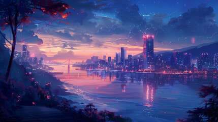 Fototapeta premium twilight cityscape overlooking a pristine, calm ocean, with sparkling skyscrapers and a bridge that spans the tranquil waters