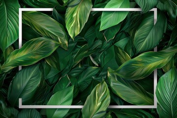 Spathiphyllum cannifolium concept, green abstract texture with white frame, natural background, tropical leaves in Asia and Thailand - generative ai